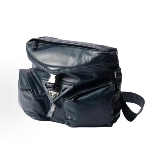 PRADA Re-Nylon enamel metal triangular logo crossbody single-shoulder bag for men in denim color